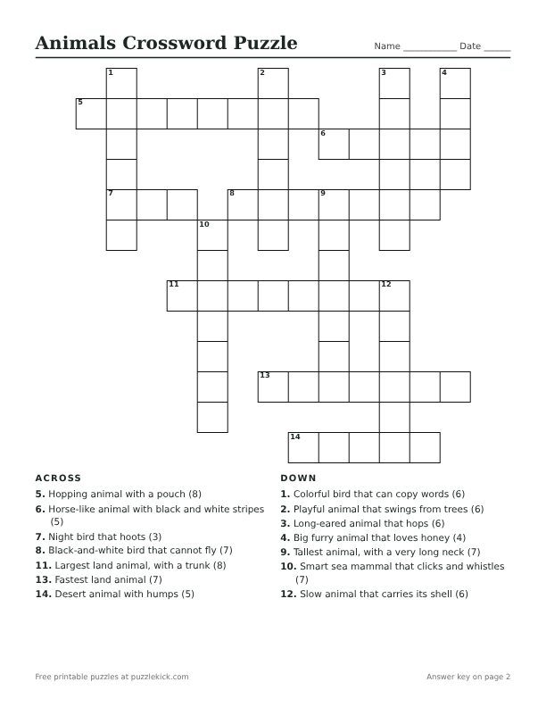 Printable Animals Crossword Puzzle PDF preview with grid and clues