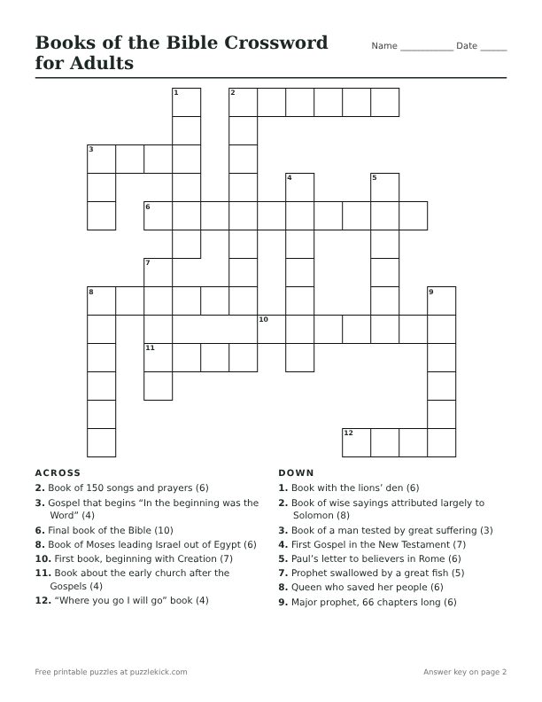 Printable Books of the Bible Crossword for Adults PDF preview with grid and clues