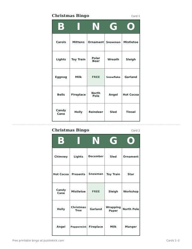 Christmas Bingo printable PDF preview with two cards