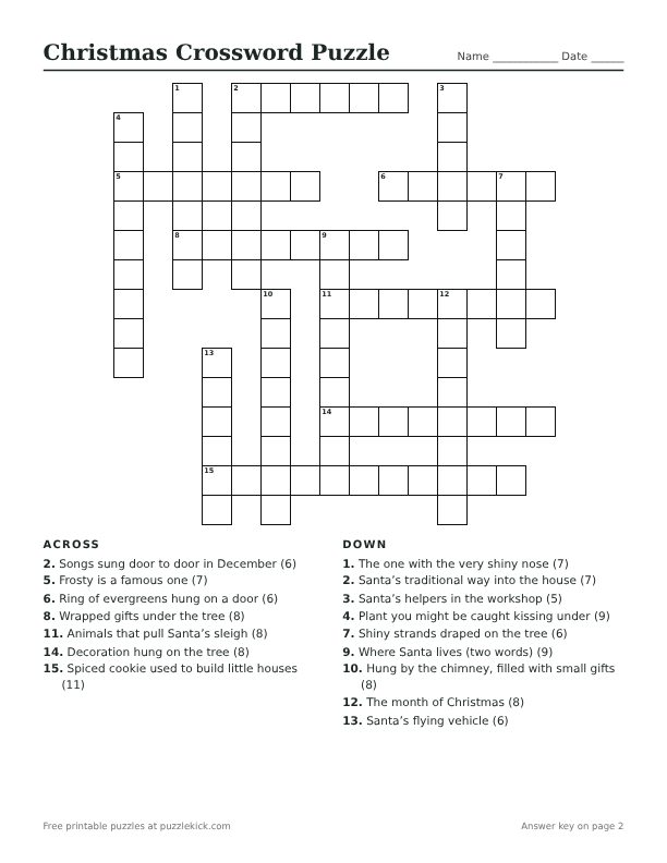 Printable Christmas Crossword Puzzle PDF preview with grid and clues