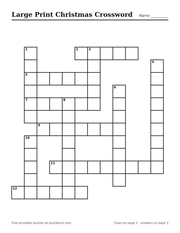 Printable Large Print Christmas Crossword PDF preview with big squares and large clues