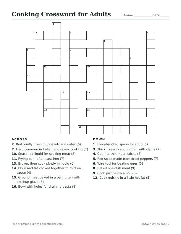 Printable Cooking Crossword for Adults PDF preview with grid and clues