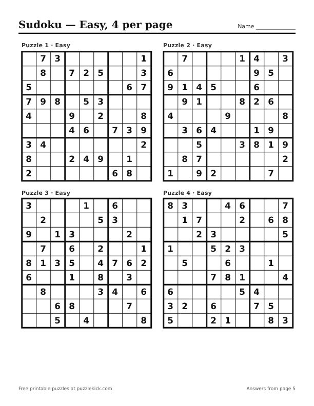 Preview of the Easy · 4 per page sudoku PDF
