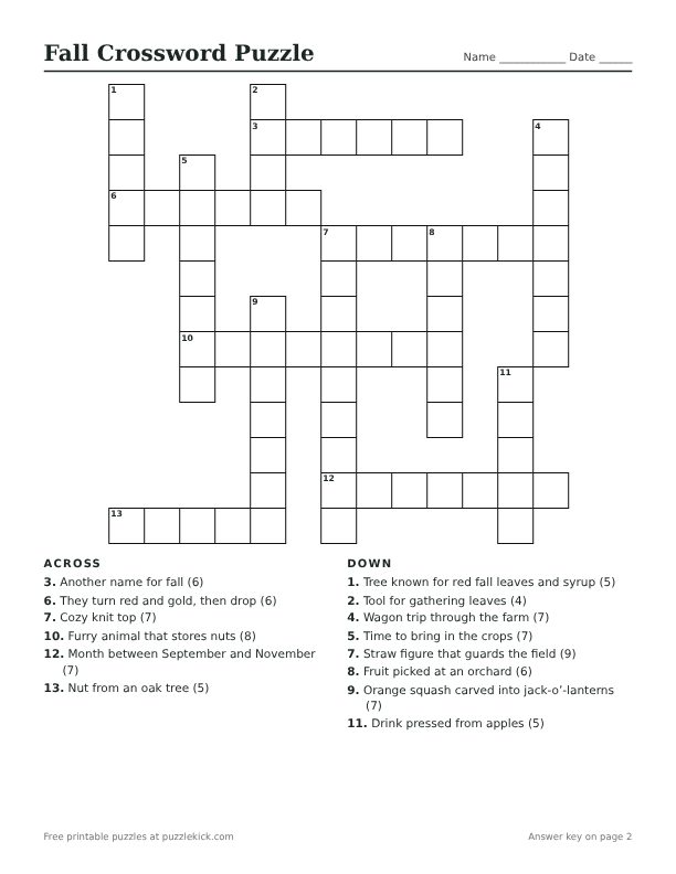 Printable Fall Crossword Puzzle PDF preview with grid and clues
