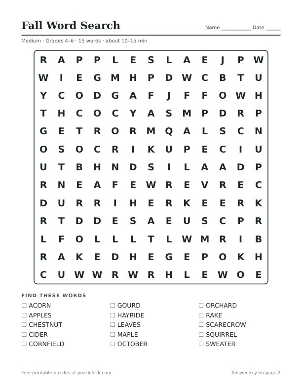 Printable Fall Word Search PDF preview: puzzle page with word list