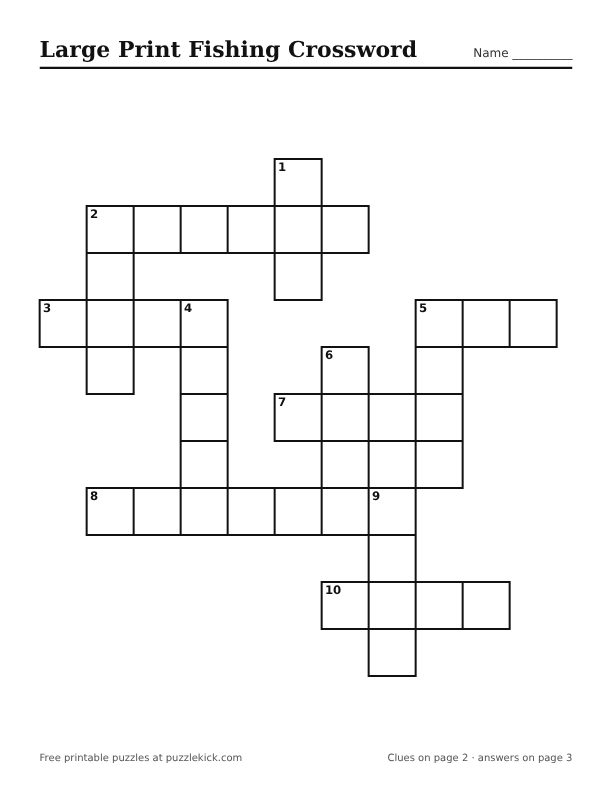 Printable Large Print Fishing Crossword PDF preview with big squares and large clues