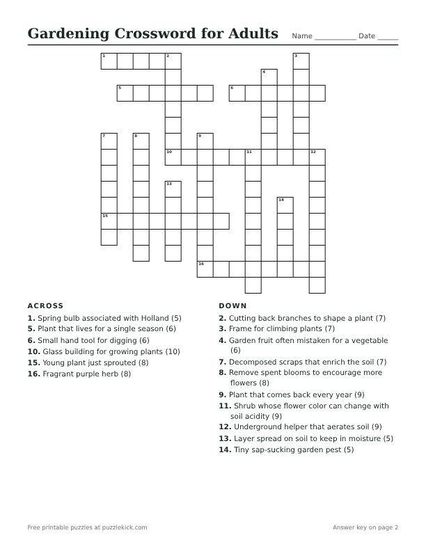Printable Gardening Crossword for Adults PDF preview with grid and clues