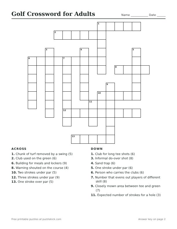 Printable Golf Crossword for Adults PDF preview with grid and clues
