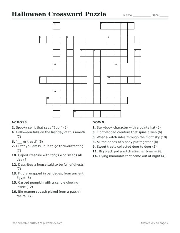 Printable Halloween Crossword Puzzle PDF preview with grid and clues