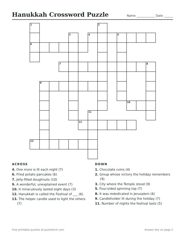 Printable Hanukkah Crossword Puzzle PDF preview with grid and clues