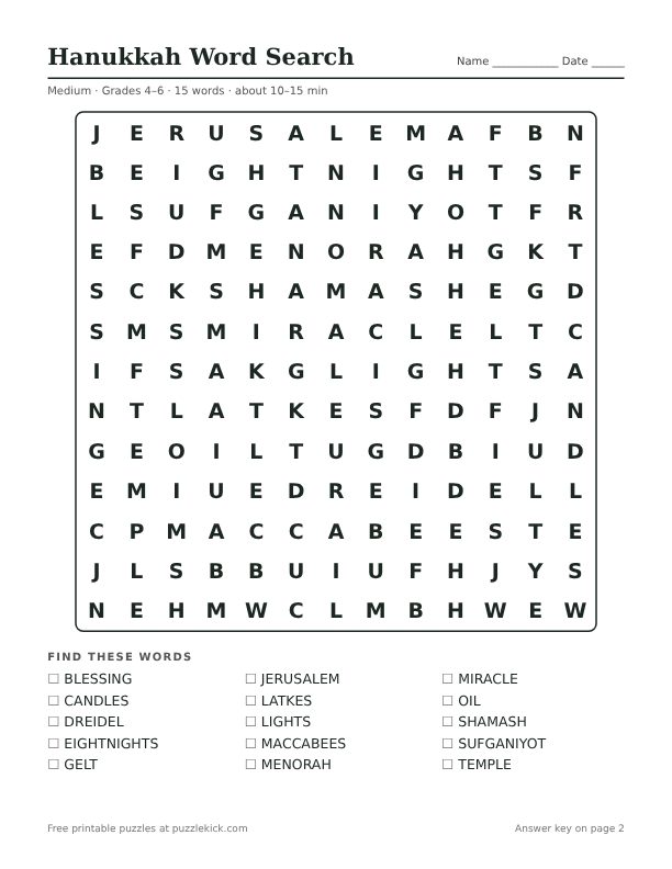 Printable Hanukkah Word Search PDF preview: puzzle page with word list