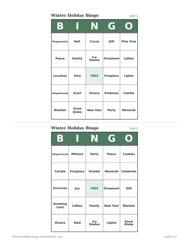 Winter Holiday Bingo printable PDF preview with two cards