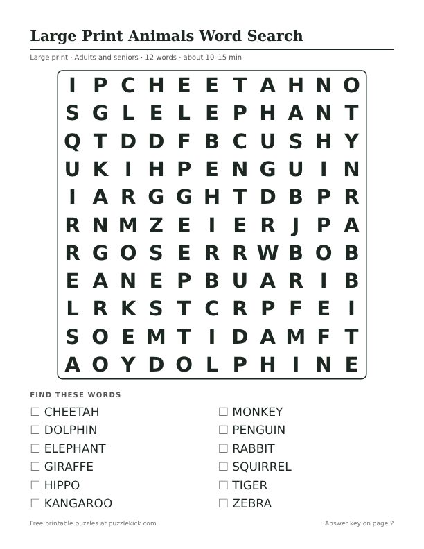Printable Large Print Animals Word Search PDF preview: puzzle page with word list