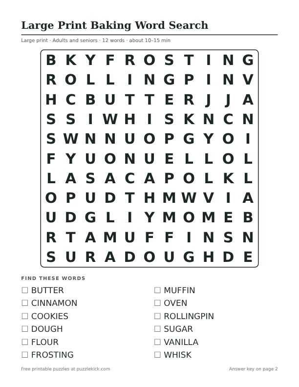 Printable Large Print Baking Word Search PDF preview: puzzle page with word list