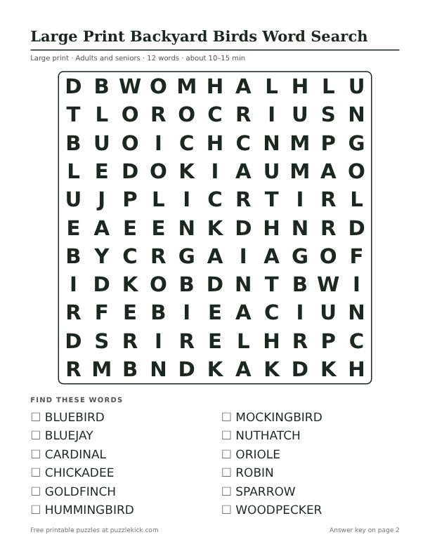 Printable Large Print Backyard Birds Word Search PDF preview: puzzle page with word list