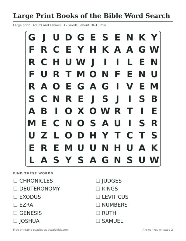 Printable Large Print Books of the Bible Word Search PDF preview: puzzle page with word list