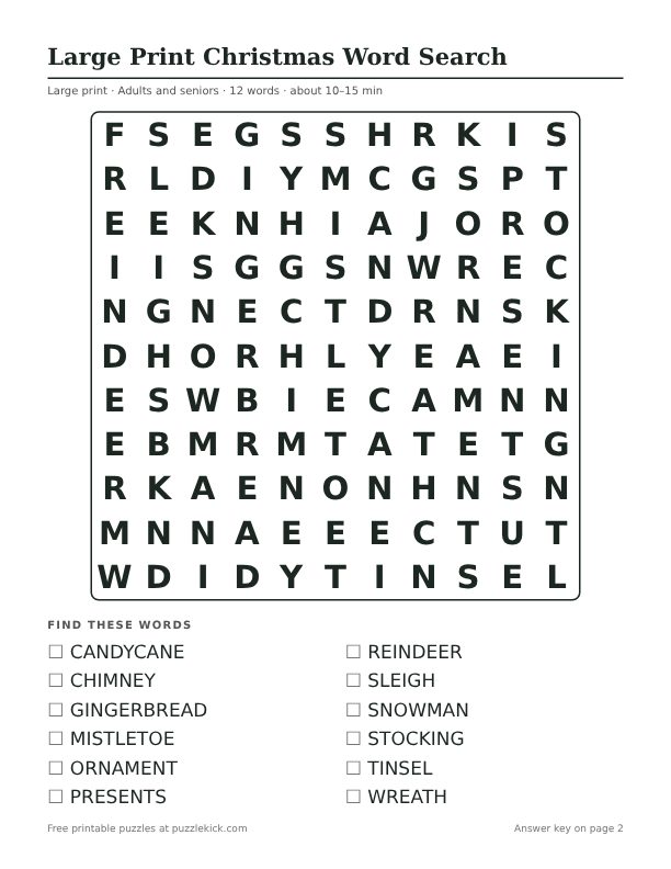 Printable Large Print Christmas Word Search PDF preview: puzzle page with word list