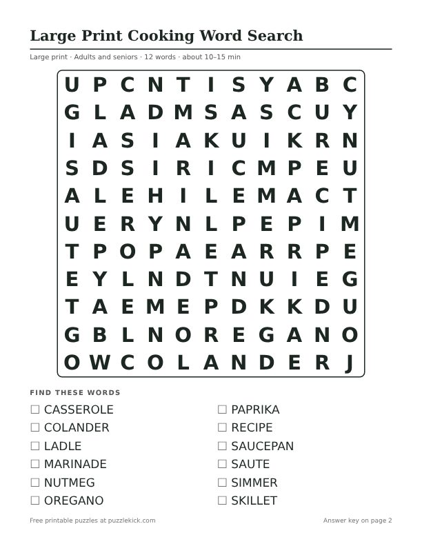 Printable Large Print Cooking Word Search PDF preview: puzzle page with word list