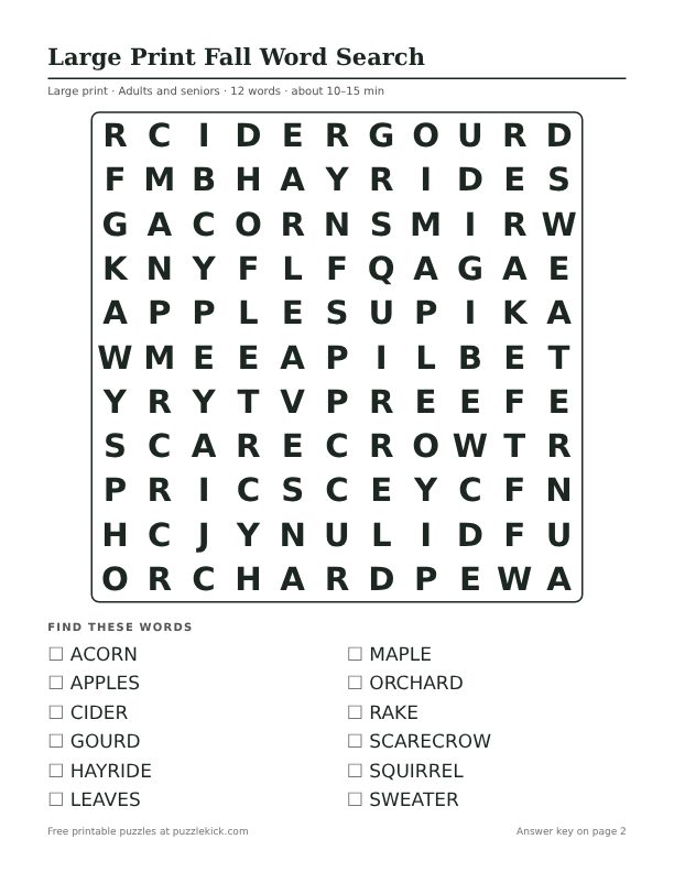 Printable Large Print Fall Word Search PDF preview: puzzle page with word list