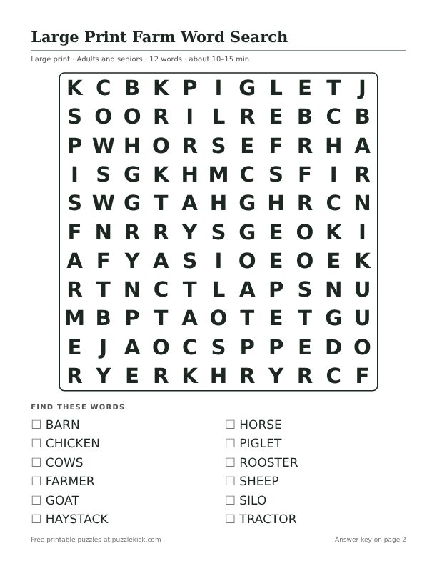 Printable Large Print Farm Word Search PDF preview: puzzle page with word list