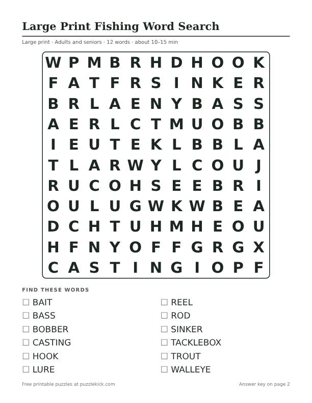 Printable Large Print Fishing Word Search PDF preview: puzzle page with word list