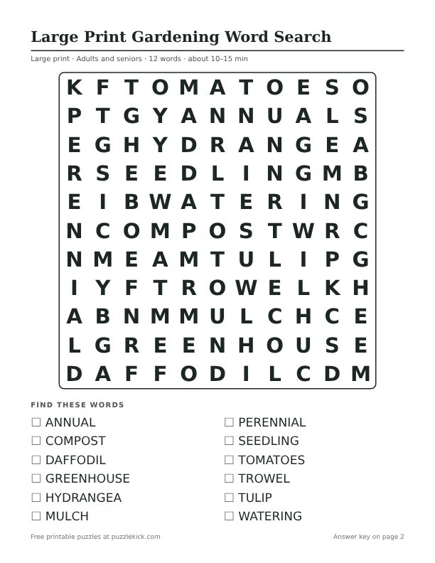Printable Large Print Gardening Word Search PDF preview: puzzle page with word list