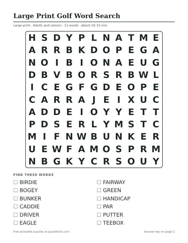 Printable Large Print Golf Word Search PDF preview: puzzle page with word list