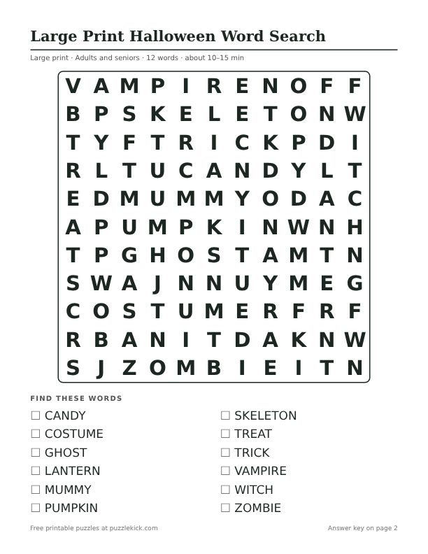 Printable Large Print Halloween Word Search PDF preview: puzzle page with word list