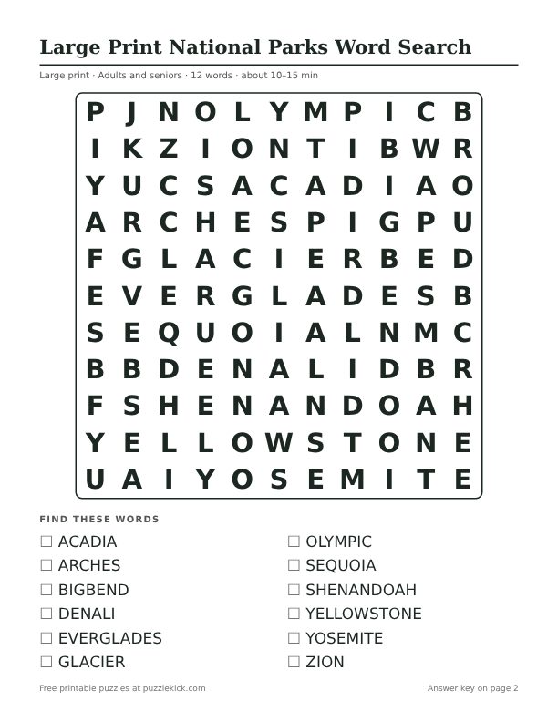Printable Large Print National Parks Word Search PDF preview: puzzle page with word list