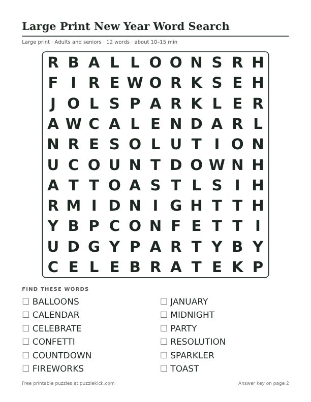Printable Large Print New Year Word Search PDF preview: puzzle page with word list