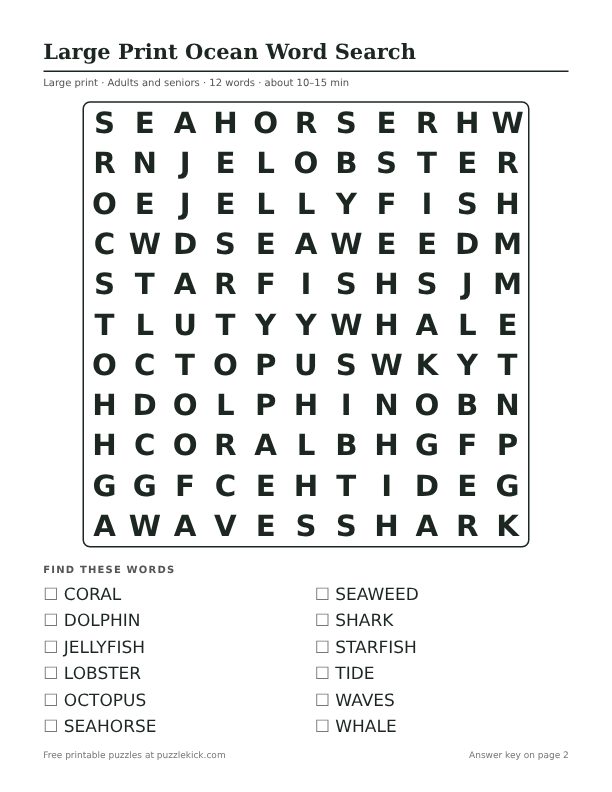 Printable Large Print Ocean Word Search PDF preview: puzzle page with word list