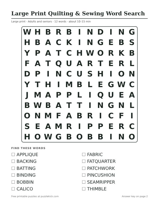 Printable Large Print Quilting & Sewing Word Search PDF preview: puzzle page with word list