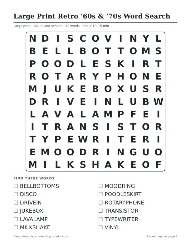 Printable Large Print Retro ’60s & ’70s Word Search PDF preview: puzzle page with word list