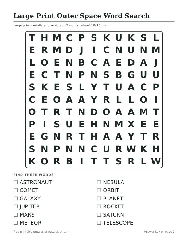 Printable Large Print Outer Space Word Search PDF preview: puzzle page with word list