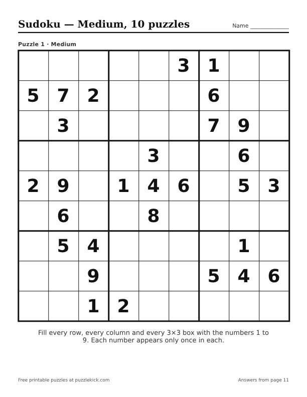 Preview of the Medium · 10 puzzles sudoku PDF