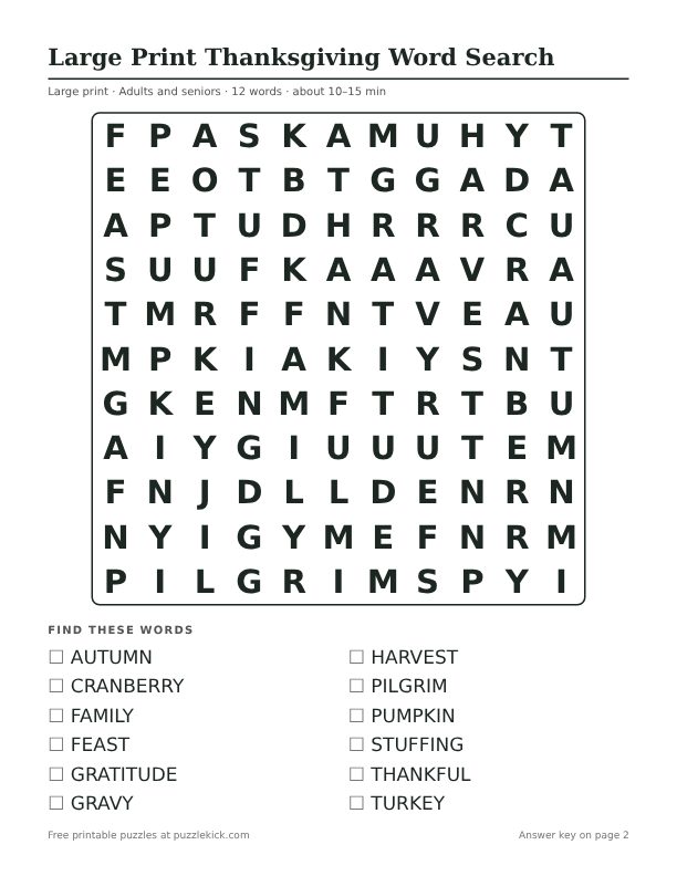 Printable Large Print Thanksgiving Word Search PDF preview: puzzle page with word list