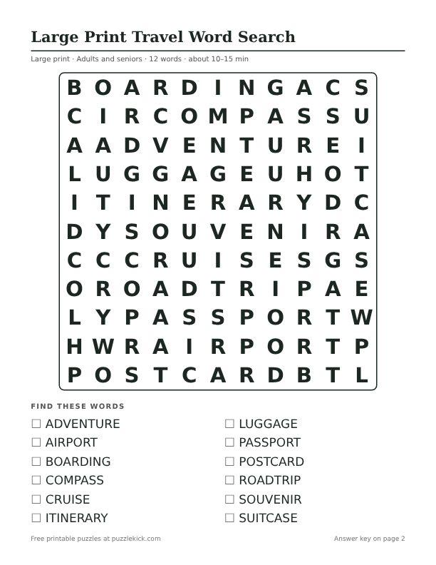 Printable Large Print Travel Word Search PDF preview: puzzle page with word list