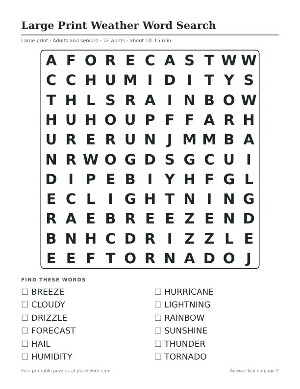 Printable Large Print Weather Word Search PDF preview: puzzle page with word list