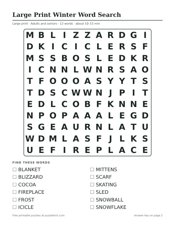 Printable Large Print Winter Word Search PDF preview: puzzle page with word list