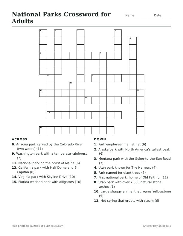 Printable National Parks Crossword for Adults PDF preview with grid and clues