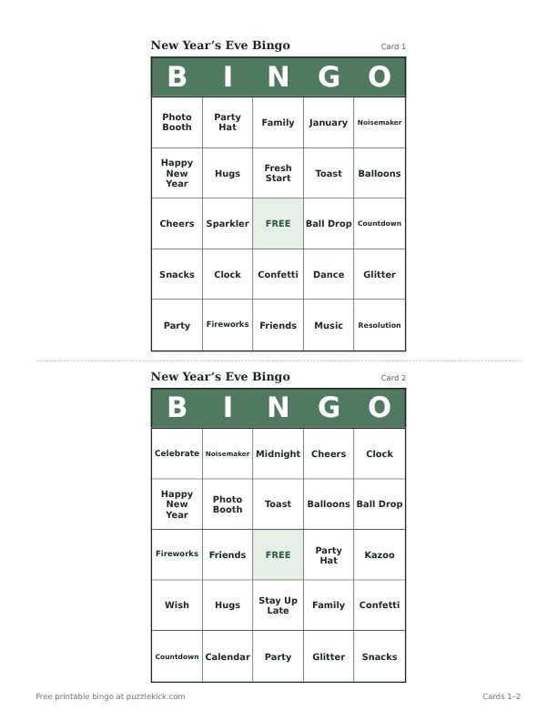 New Year’s Eve Bingo printable PDF preview with two cards