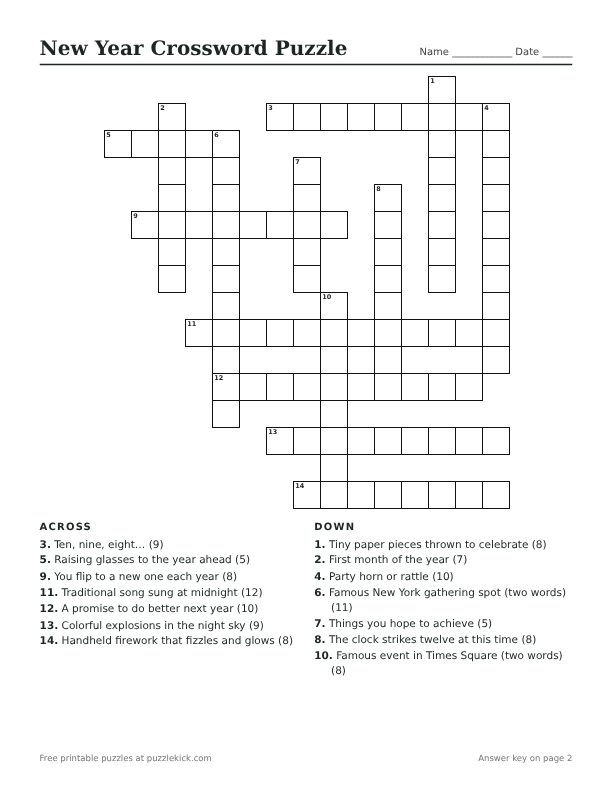 Printable New Year Crossword Puzzle PDF preview with grid and clues
