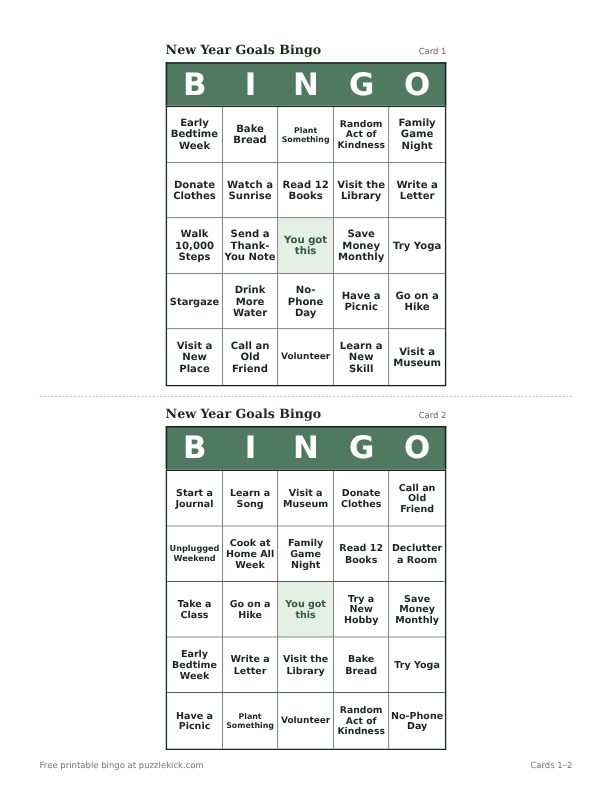 New Year Goals Bingo printable PDF preview with two cards