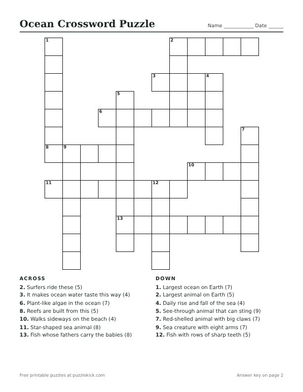 Printable Ocean Crossword Puzzle PDF preview with grid and clues