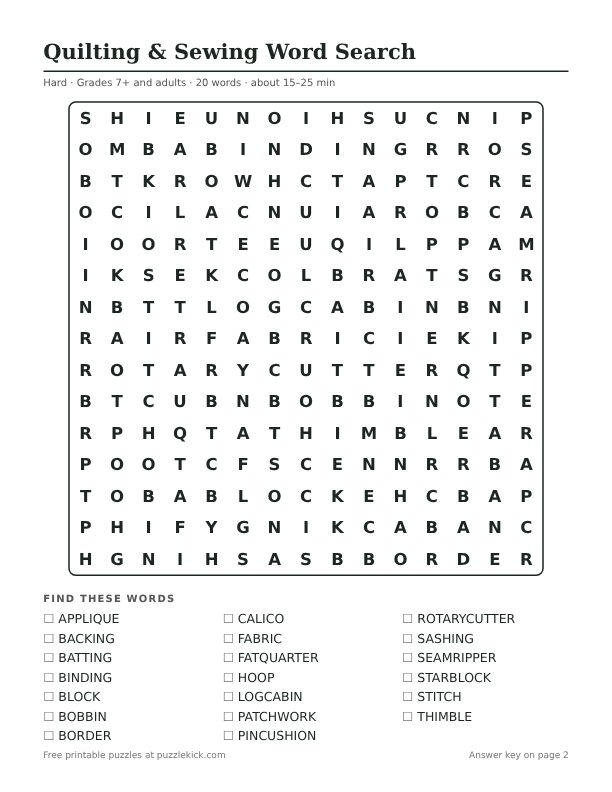 Printable Quilting & Sewing Word Search PDF preview: puzzle page with word list