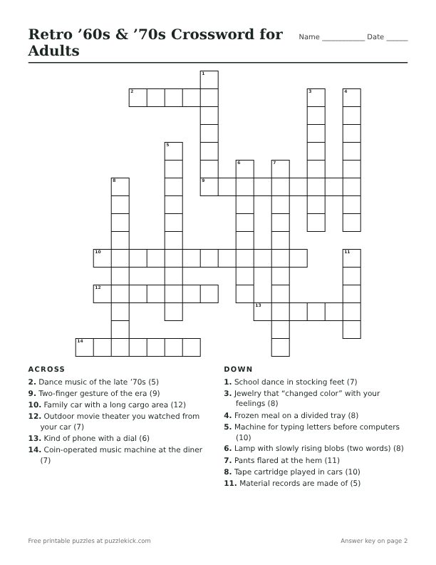 Printable Retro ’60s & ’70s Crossword for Adults PDF preview with grid and clues