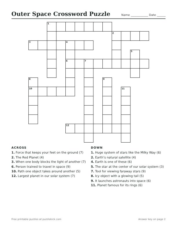 Printable Outer Space Crossword Puzzle PDF preview with grid and clues