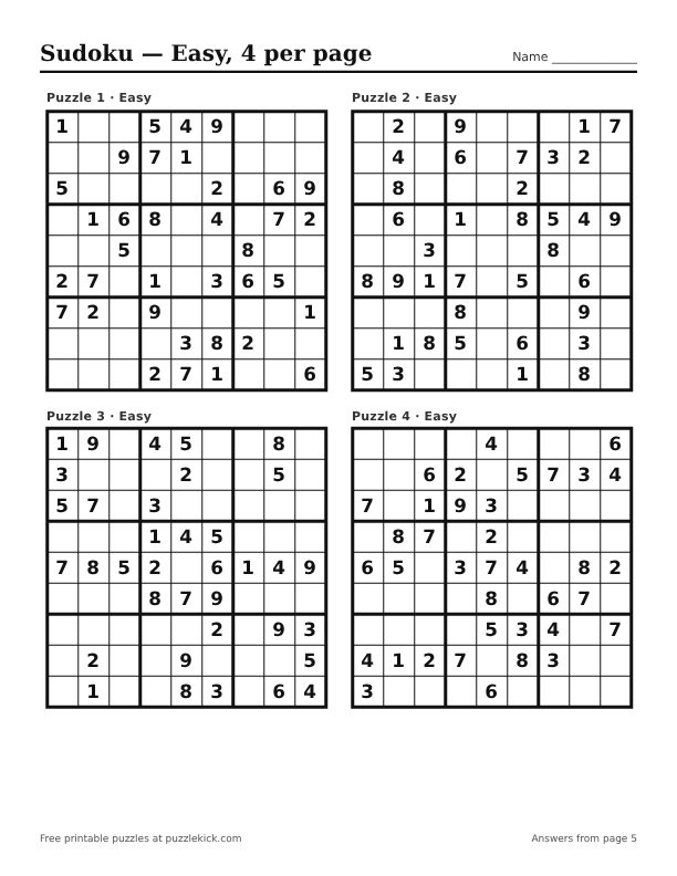 Preview of the Easy · 4 per page sudoku PDF