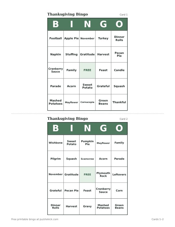 Thanksgiving Bingo printable PDF preview with two cards