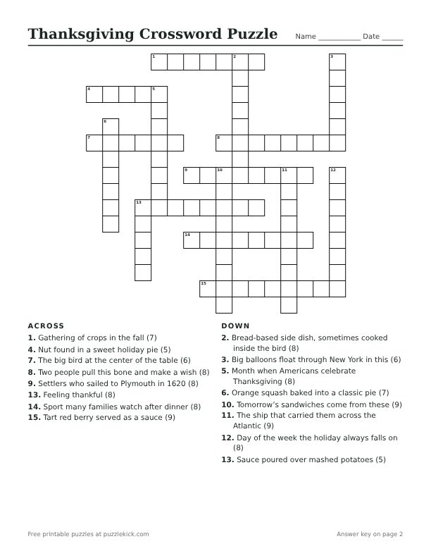 Printable Thanksgiving Crossword Puzzle PDF preview with grid and clues